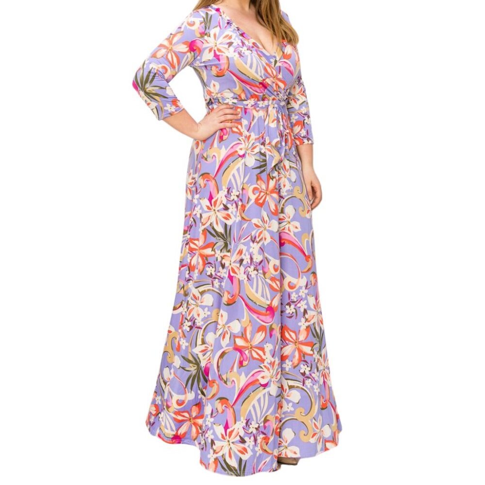 Janette Fashion Lavender Tan Orange Floral Faux Wrap Maxi Plussize Dress